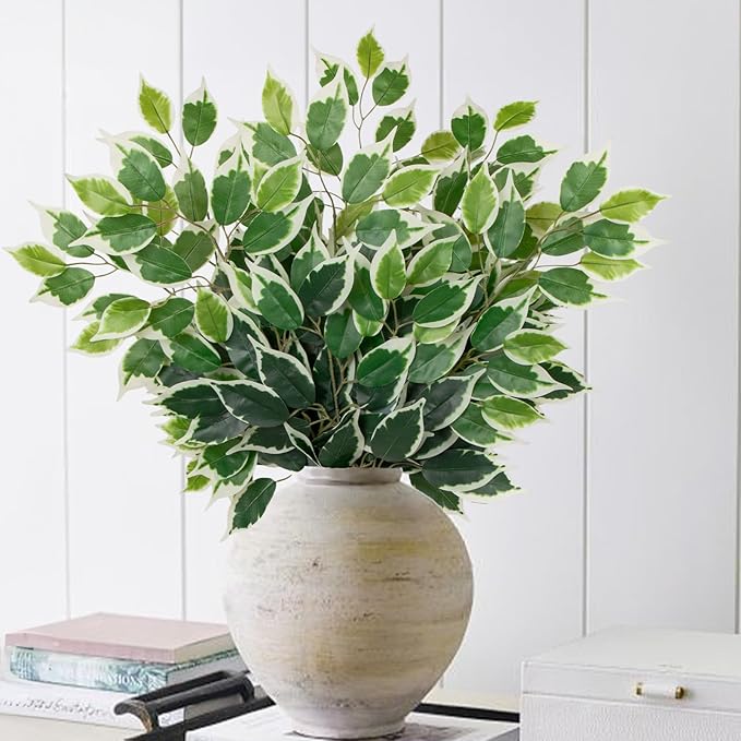 12PCS Ficus Leaves Artificial Branches 24" Faux Ficus Greenery Tree Branches Fake Ficus Leaves Sprays for Tree DIY Arch Wedding Wall Decor - Green & White