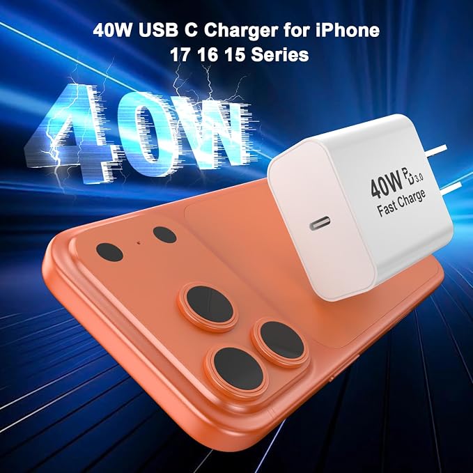 40W USB C Charger Block 2 Pack iPhone 17 16 15 Charger Block Brick Orange | 40 Watt USB C Wall Charger USBC Power Adapter Type C Brick Cube for iPhone 17/17 Pro/17 Pro Max/Air/16 15 14 13 12 11 Gal