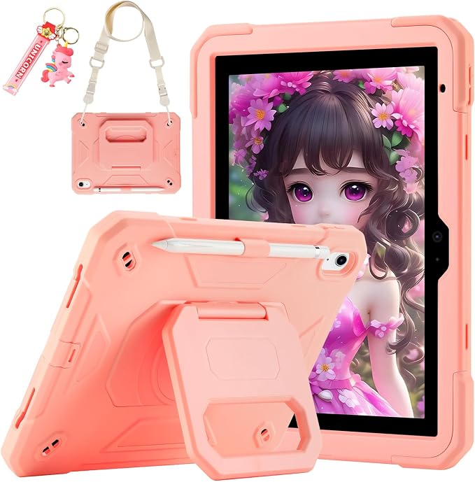 for iPad (A16) 11th Generation Case 11 Inch 2025/ iPad 10th Generation Case 10.9 Inch 2022 with 360 Rotating Grip Magic StandPencil Slot/Key Chain/Carrying Shoulder Strap Cover for iPad 10th Gen