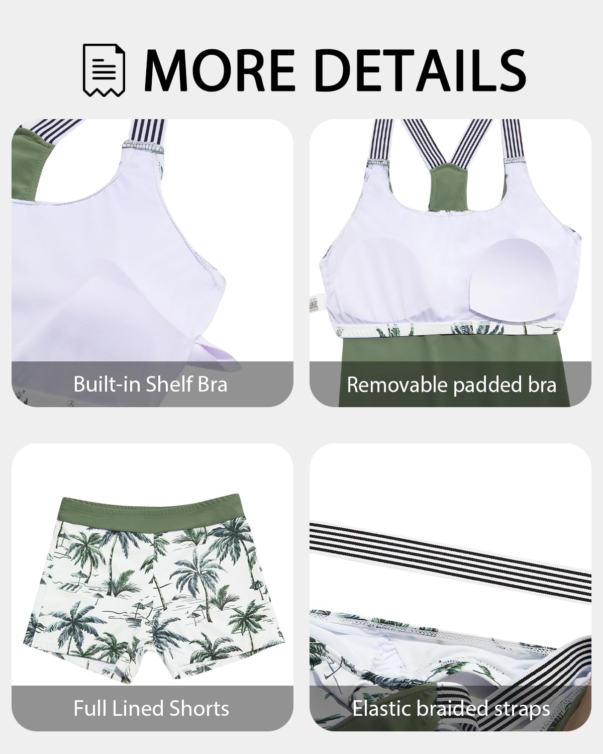 Daci Green Palm Tree Athletic Tankini Swimsuits for Women-2025 Bathing Suits 2 Piece Swimwear with Shorts for Tummy Control L