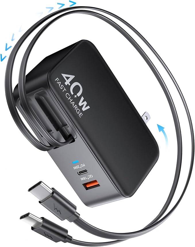 4-in-1 Retractable USB C Wall Charger40W Fast Charging for Multi-Device | Retractable ChargerFoldable PlugExtra USBC &amp A PortsDual 35.5in CablesMultiple Devices Charger for iPhone/Galaxy/Pixe