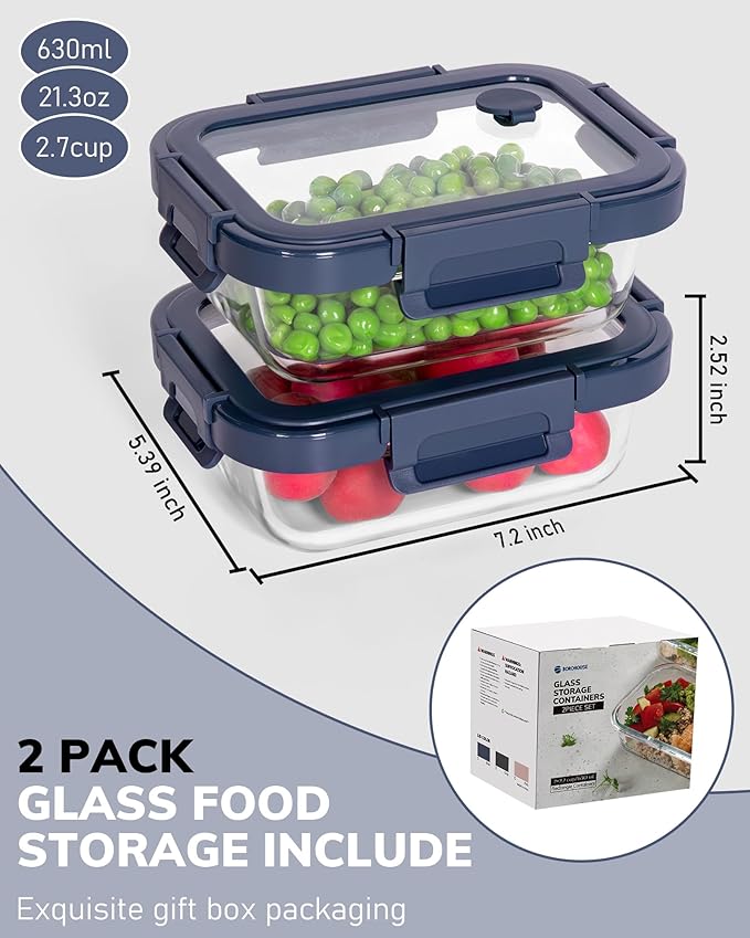 2-Pack Glass Food Storage Containers with Tempered Lids (21.3oz/2.7cup) - Airtight Snap Lock, Microwave & Oven Safe (-4℉~ 950°F), Freezer to Baking Dish, BPA-Free, Gift Box (Blue)