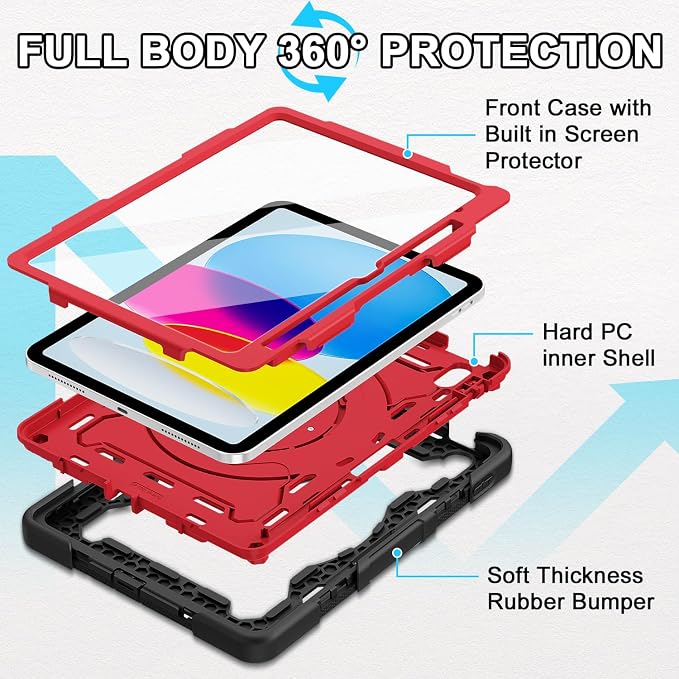 for iPad 9th 8th 7th Gen Case 10.2 inch with Screen Protector | 360° Rotating Kickstand Hand Strap Shoulder Strap Heavy Duty Military Grade - Kids Friendly