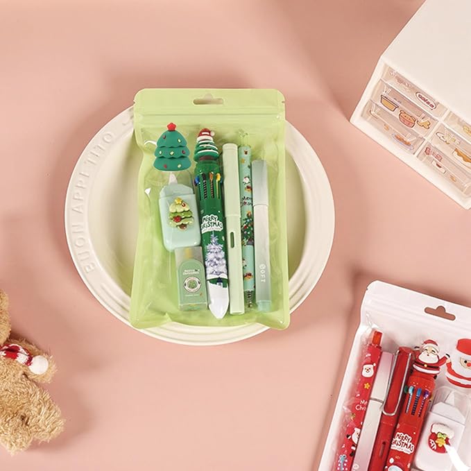 7 Pcs Cute Xmas Stationery Set Kawaii Christmas School Supplies Office Supplies Including Ballpoint Pens Pencil Sharpener Highlighter Correction Tape Eraser (X-mas(Green))