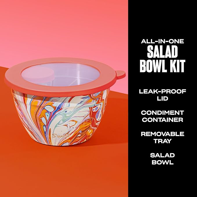 S'well Stainless Steel Salad Bowl Kit 64oz, Marble Swirl, Comes with 2oz Mini Canister and Removable Tray for Organization, Leakproof, Easy to Clean, Dishwasher Safe