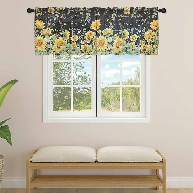 Summer Floral Sheer Valance Curtains, Watercolor Sunflower Eucalyptus Leaves