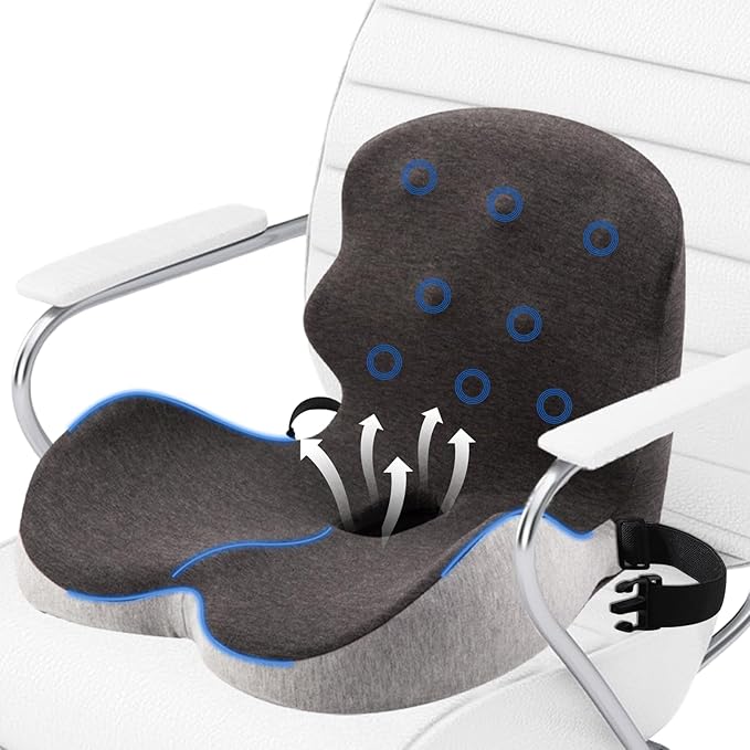 Memory Foam Office Chair Cushion, Ergonomic Seat Cushion with Lumbar Support, Extra Thick L-Shaped Integrated Seat Cushions with Adjustable Strap, for Gaming, Car Seat Cushion(Gray Stitching)