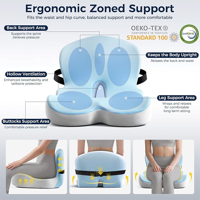 Seat Cushion, Office Chair Cushions for Tailbone Relief, Seat Cushions for Office Chair with L-Shaped Ergonomic Design & Adjustable Strap, Memory Foam Chair Cushion for Long Sitting Worker(Blue Grey)