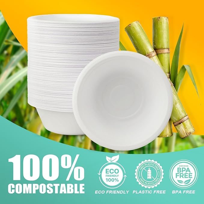 500 Count 12 oz Paper Bowls, Disposable Compostable Bowls Bulk, Heavy Duty Biodegradable Bagasse Bowl for Snacks, Soup, and Salads, White
