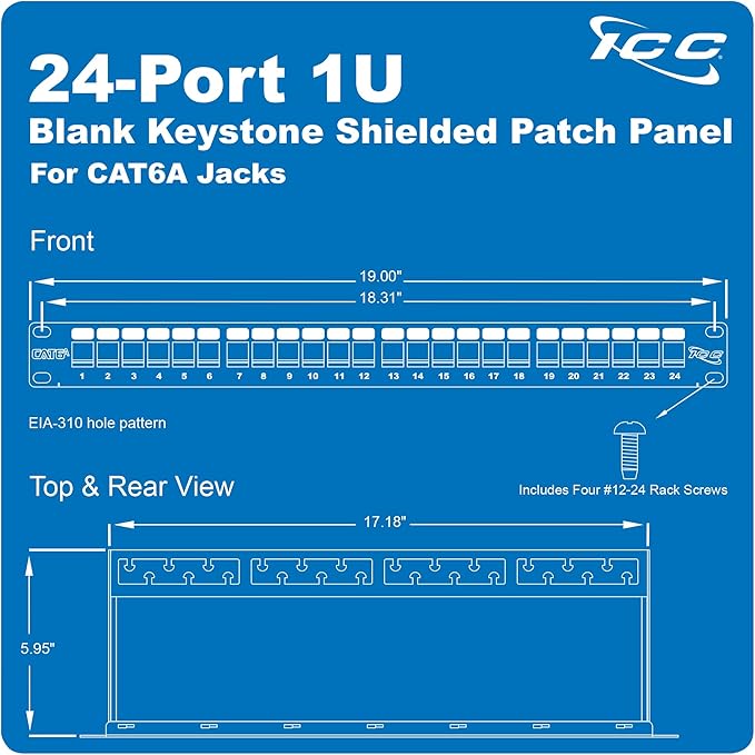 ICC 24-Port Blank Keystone Shielded 1U Patch Panel with 19” Rackmount Housing and Cable Support Bar for Slim Profile Keystone Jacks (Sold Separately), Protects Against EMI, UL Listed, IC107PPS6A