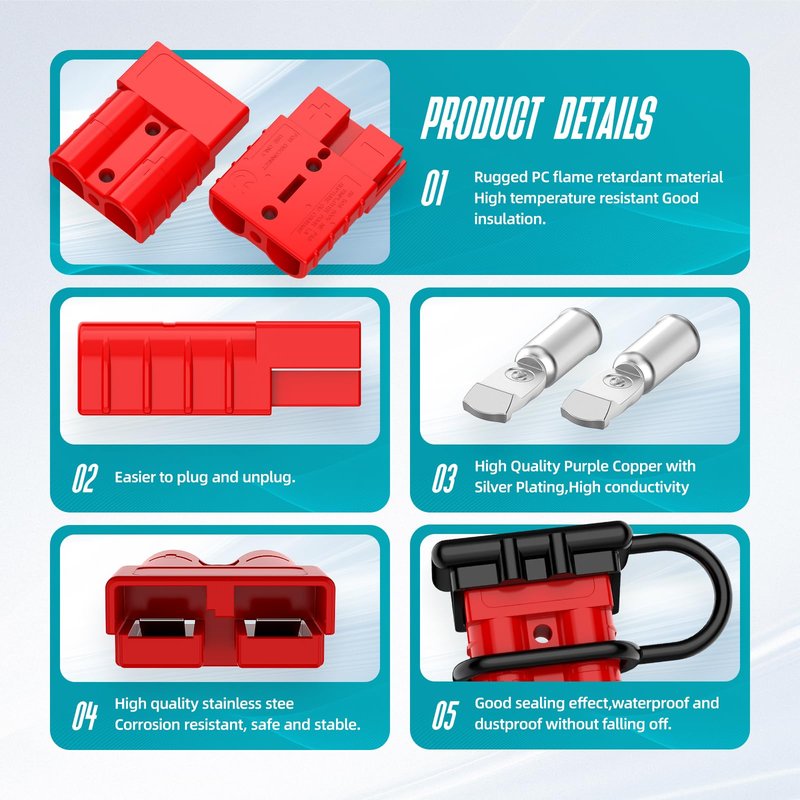 Hilictokt Anderson Connector 50A, 6AWG - 12AWG Battery Quick Connect 12V-36V Anderson Plug Winch Wiring Kit for Winch, RV, Truck & Marine Applications (2-Pack) -Red