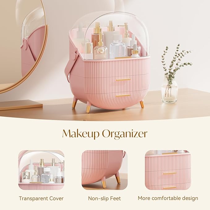 Makeup Organizers, Make Up Organizers for Vanity, Countertop Cosmetic Storage with Drawers and Transparent Cover for Bedroom Bathroom(Pink)