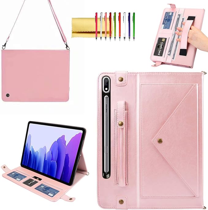 Handbag Case for Samsung Galaxy Tab S10 FE/S9 FE 10.9/S9/S8/S7 11 Techcircle Folio Stand Crossbody Wallet Protective Cover with S Pen Holder &amp Card Slots Hand Strap &amp Shoulder Strap Black