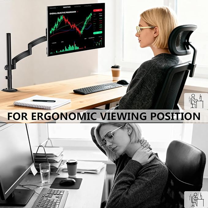 WALI Single Long Monitor Arm - up to 32 inch Computer Monitor Arm Desk Mount, Hold up to 19.8lbs, Extra Long Adjustable Stand, Full Motion Tall Arm, VESA 75/100mm, (GSDM001L)