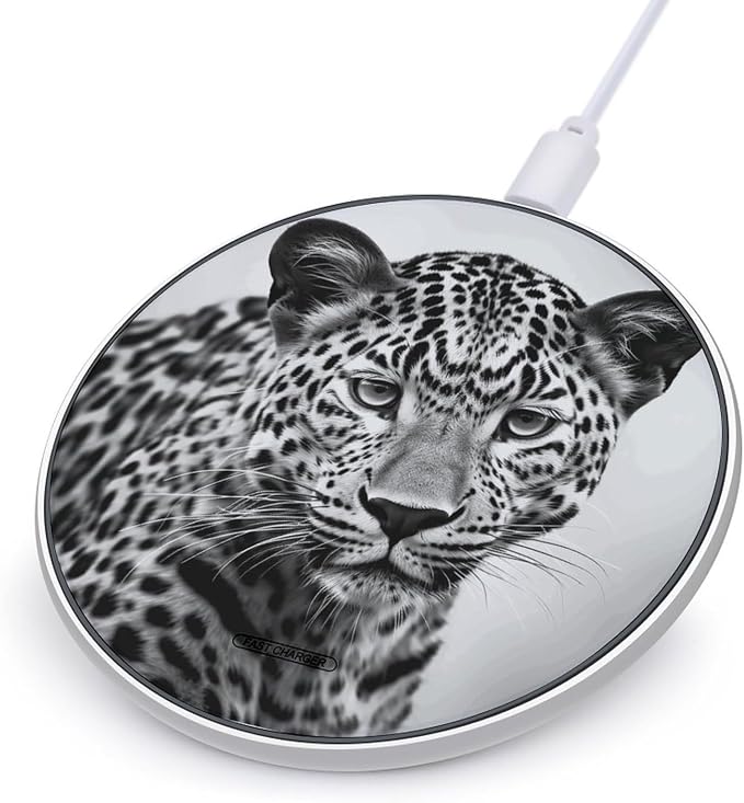 Black White Leopard Animal Wireless Charger Portable Fast Charging Pad Lightweight Wireless Charging Pad 10W Slim Charging Station for Phone Charger Mat for Travel Home Office Desk