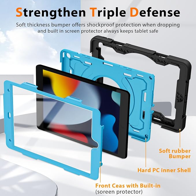 for iPad 9th 8th 7th Generation Case(iPad 10.2 inch) for Kids | 15ft Drop Protection Rugged with 360 Kickstand Handle Shoulder Strap，HD Screen Protector，Shockproof (2021/2020/2019 Release)