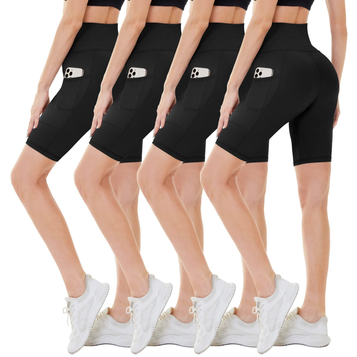 CAMPSNAIL 4 Pack Biker Shorts Women with Pockets – 5"/8" High Waist Tummy Control Workout Gym Yoga Running Compression Shorts