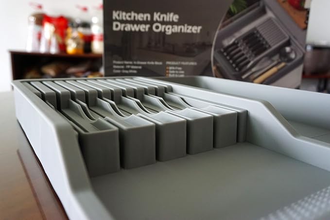 Mulikeer Expandable Drawer Knife Insert Organizer - Plastic Knife Storage Tray for Kitchen Drawers, Adjustable to Fit 11 Knives & Utensils, BPA-Free, Ventilated, Space-Saving, Easy to Clean