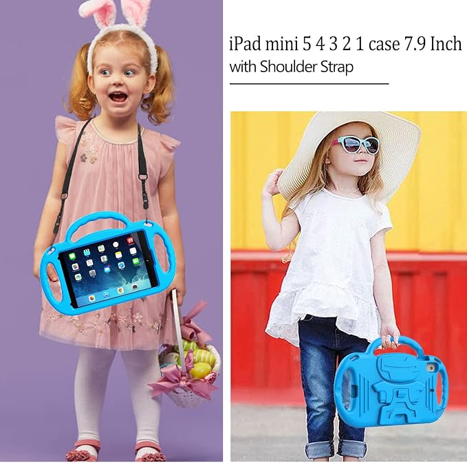 LTROP Kids Case for iPad Mini 5/4/3/2/1 7.9 Inch Case with Shoulder Strap Shockproof Handle Kickstand for iPad Mini 5th/4th/3rd/2nd/1st Generation for Kids Toddler Boys Girls Blue