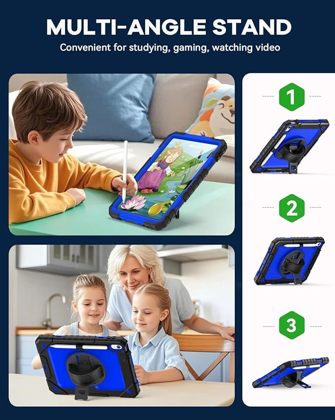 Cantis Case for iPad 11-inch (A16) 2025/ iPad 10th Generation 2022 (10.9 inch) with Screen Protector, iPad 11th Case with 360 Degree Rotating Stand/Shoulder Strap/Pencil Holder, Black+Dark Blue