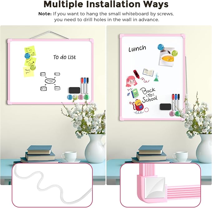 MaxGear Double-Sided Dry Erase Board for Wall, 16"x12" Hanging Whiteboard, Small Dry Erase White Board, Portable Whiteboard for Planning, Drawing, Memo, to Do List, Pink Frame