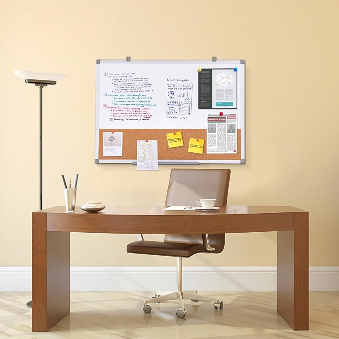 S SWANCROWN Magnetic Dry Erase and Cork Board Combo Hanging Whiteboard Notice Board for Wall Gift Home School Office, 36 x 24 Inches, with Maker/Pins/PenTray/Hooks