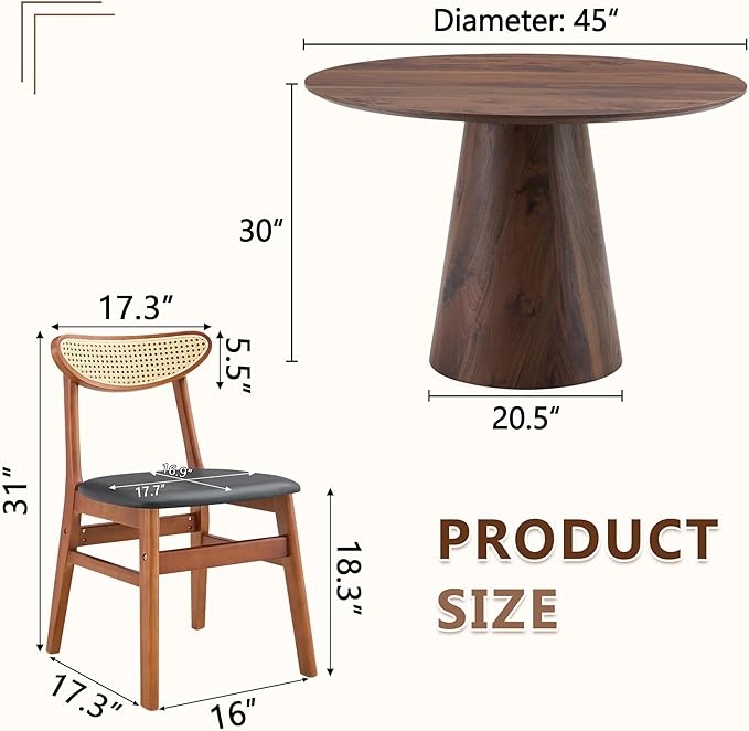 45 Inch Round Dining Table Set for 6, 7 Piece Kitchen Table and Chairs Set, Wooden Table with Walnut Finish, Small Space Dining Set for Apartment or Dining Room