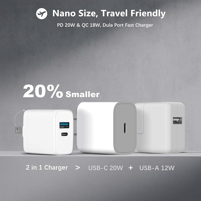 20W Dula Port USB C Fast Charger for iPad A16/10th Generation iPad Pro 13/12.9/11 inch iPad Air 13/11 inch/4/5th iPad mini iPhone Foldable Compact Charger with 6.6FT USB C Charging Cable