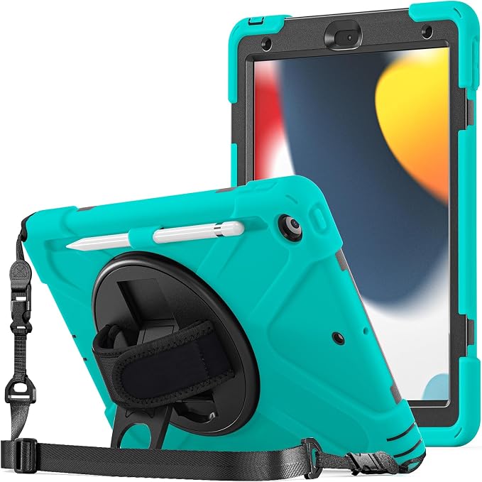 ProCase Rugged Case for iPad 9th/ 8th/ 7th -Teal | Heavy Duty Shockproof Protective Cover with Strap for 10.2 iPad 9/8/7 (2021/2020/2019)