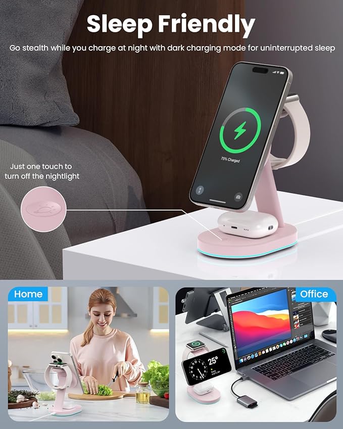 3 in 1 Wireless Charger Charging Station for iPhone,Qi2 Certified 15W Magnetic Charging Stand for Mag-Safe with 30W USB C Adapter&Friendly Night Light for iPhone 16/15/14/13/12,Apple Watch,AirPods