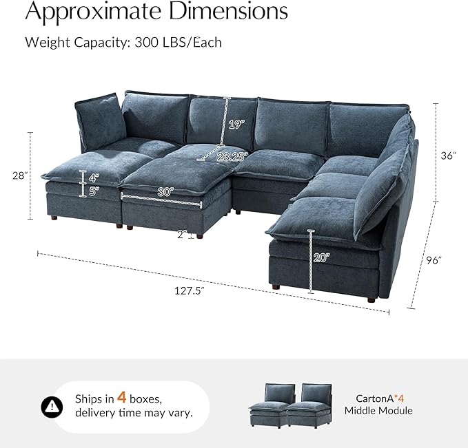 HULALA HOME Oversized Modular Sectional Sofa with Dual-Layered Cushions, 8 Seater Sleeper Sofa with Storage Ottoman and Removable Cover, Modern Deep Seat Cloud Couch for Living Room, Blue