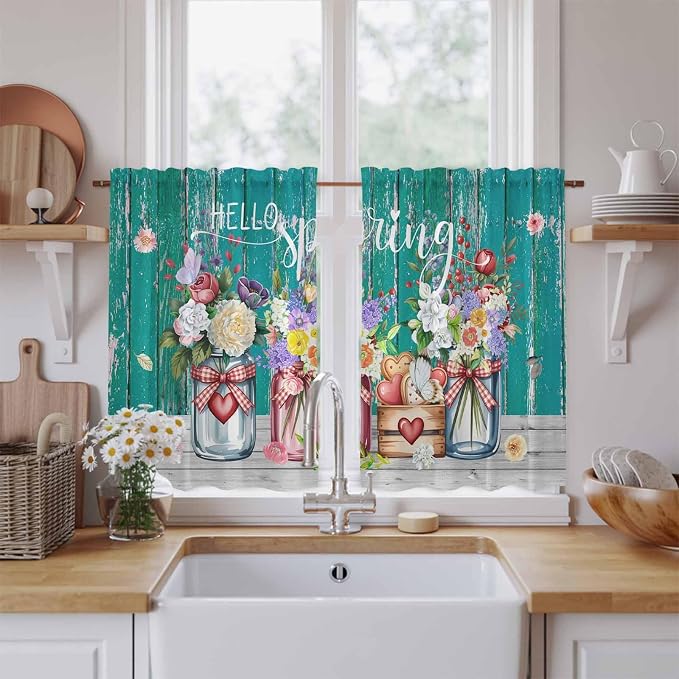 Spring Flowers Tier Curtains, Farmhouse Watercolor Teal Wood Grain Light