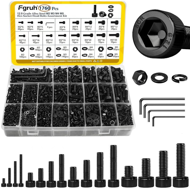 Fgruh 1760PCS Metric Screw Assortment Kit,M2 M3 M4 M5 Screws Set, Hex Socket Head Cap Bolts Nuts and Washers Kit for 3D Printing DIY, Grade 12.9 Alloy Steel, Black Zinc Plated