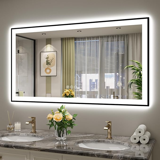 YEELAIT 55x30 Inch LED Bathroom Mirror with Lights (Front Lit and Backlit) Black Framed Lighted Vanity Mirror for Bathroom Wall Dimmable Anti-Fog Memory Tempered Glass Horizontal/Vertical