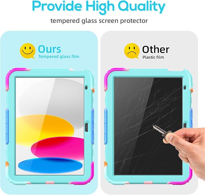 BLOSOMEET iPad Case for 11th/10th Generation 11''/10.9'' with Tempered Glass Screen Protector, Full Body Dropproof iPad Cover 2025/2022 with Stand Pen Holder & Hand Shoulder Strap, Turquoise