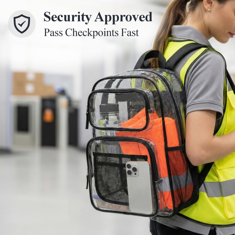 PACKISM Clear Backpack for School - 17 inch Large Heavy Duty Bookbag, Reinforced See Through PVC Transparent Backpack for Students Men Women, Active Black (Age 12+)
