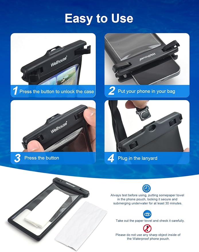 wellhouse Waterproof Phone Pouch, Waterproof Phone Case for iPhone 16 15 14 13 12 Pro Max XS Samsung, IPX8 3D Cellphone Dry Bag Beach Essentials (1 Pack - Black8.0, 8 inch)