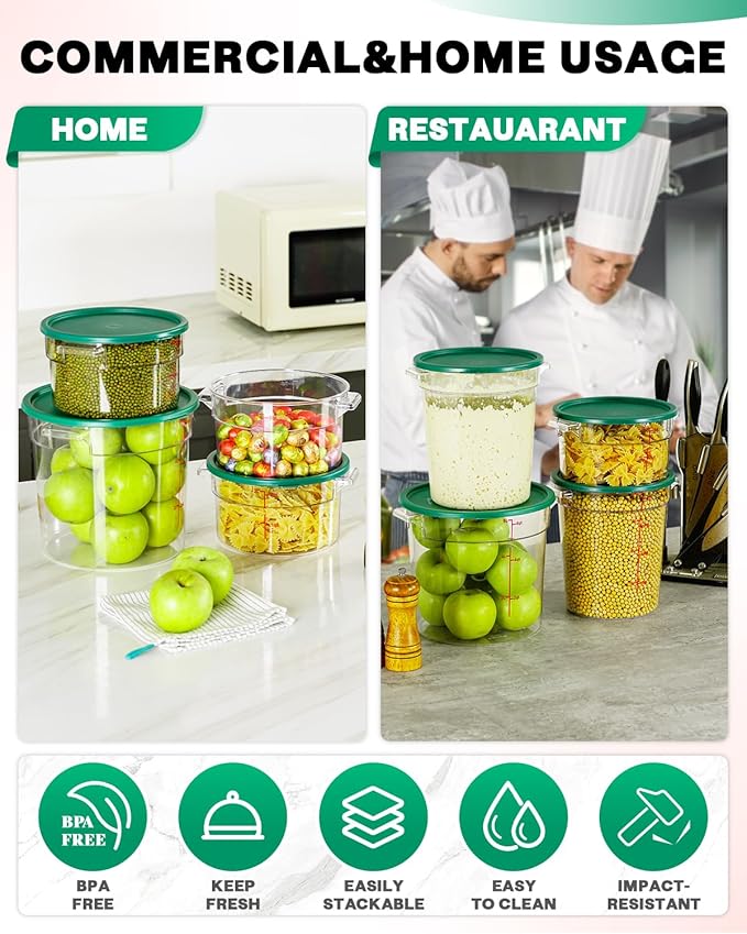 6QT NSF Round Food Storage Containers with Lids: 4 PCS [Total Food Grade][Hot&Cold Resistant] Dough Proofing Container for Pizza, Bread with Measuring Spoons Included(BPA FREE) (GREEN)