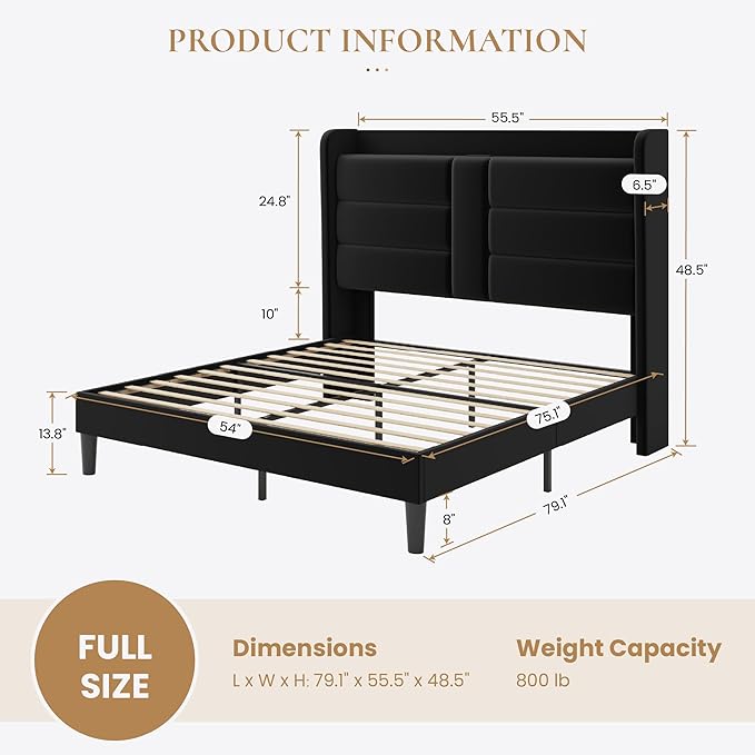 SHA CERLIN Full Size Bed Frame with Charging Station & Storage Headboard, Velvet Platform Bed with Upholstered Modern Wingback Design, Wooden Slats Support, No Box Spring Needed, Easy Assembly, Black