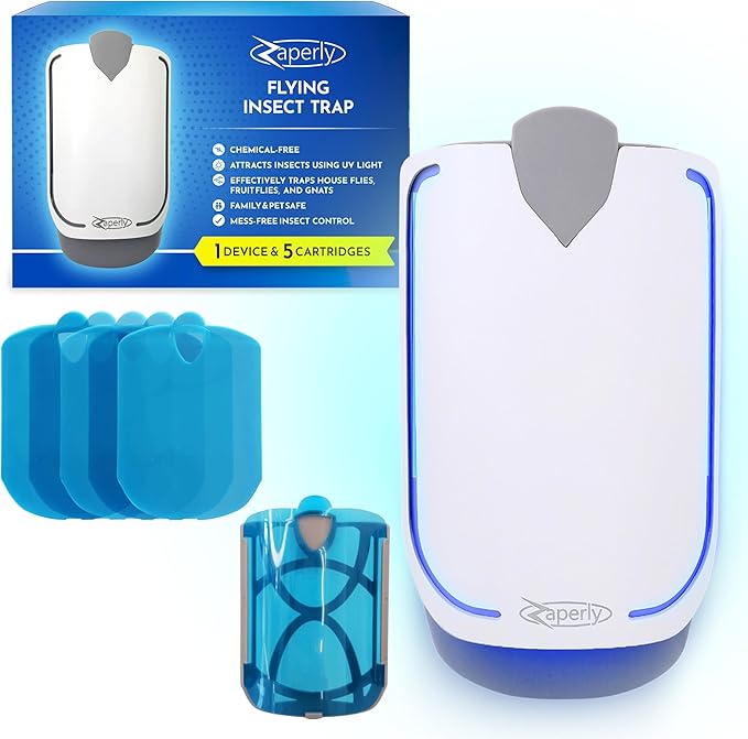 1 Fruit Fly Trap & 5 Adhesive Cartridges, Indoor Plug-in Bug Catcher, UV Light Fly Trap Captures Fruit Flies, Gnats, Houseflies, Moths, and Flying Insects for Kitchen, Bathroom, Plant Areas