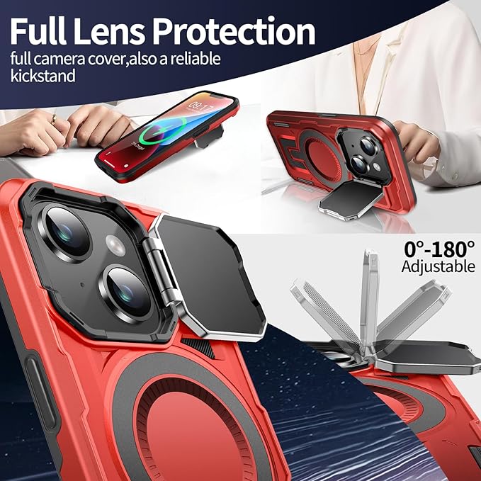 Camera Stand Case for iPhone 13/14, [Compatible with MagSafe] [Lens Cover] 2024 Version Military Grade Protective Soft Case for iPhone 13/14 6.1 inch Men Women, Red