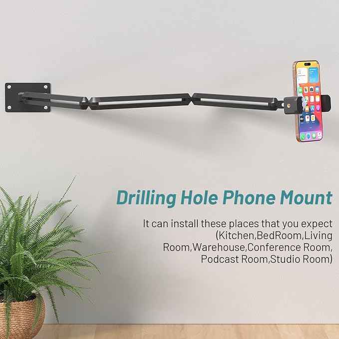 Wall Mount Phone HolderPhone Holder for Desk Bed3-Stage Aluminium iPhone StandFoldable Extendable Arms Heavy Duty Drilling BaseCompatible with 3.5~7.5 iPhone/HTC/LG/Huawei/Galaxy/Smartphones