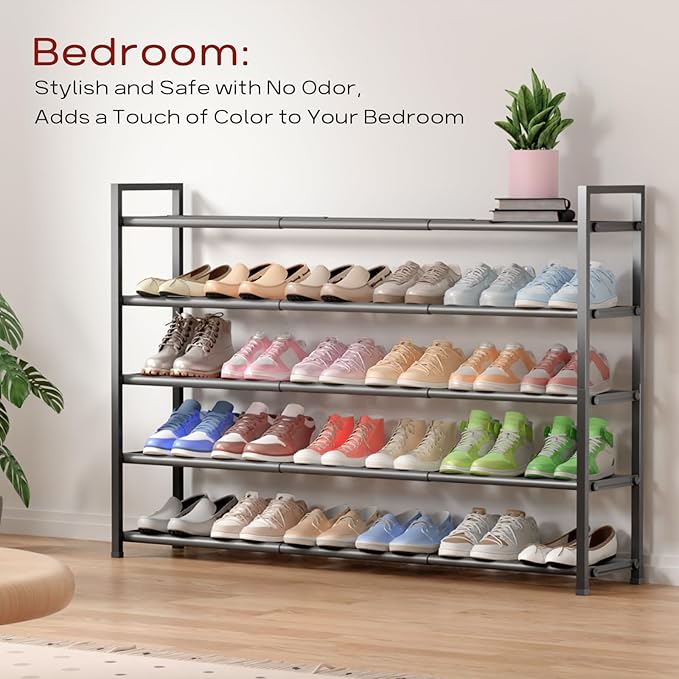 Bumusty 5-Tier Long Expandable Shoe Rack for Closet, 18"-44" Adjustable Shoe Rack for Entryway, 25-30 Pairs Large Shoe Organizer Shelf Storage, Sturdy Metal, Grey