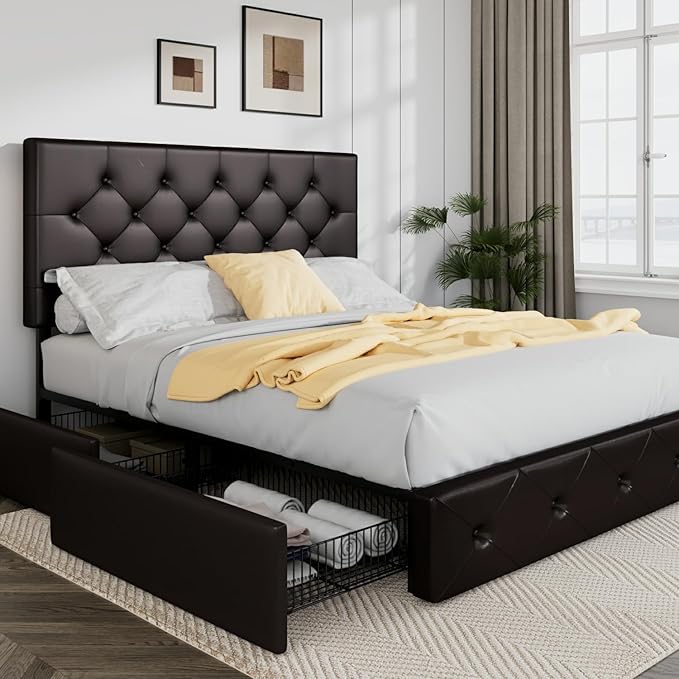 Allewie Upholstered Full Size Platform Bed Frame with 4 Storage Drawers and Headboard, Diamond Stitched Button Tufted, Mattress Foundation with Wooden Slats Support, No Box Spring Needed, Black Brown