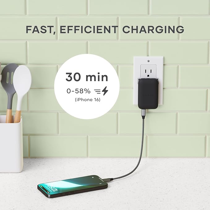 Satechi OntheGo 67W GaN Wall Charger PD 3.0 + PPS Dual USB-C Ports Black | Dual USB-C ports 45W+20W split-charging mode fits MacBook iPad iPhone 17 Galaxy Pixel Steam Deck