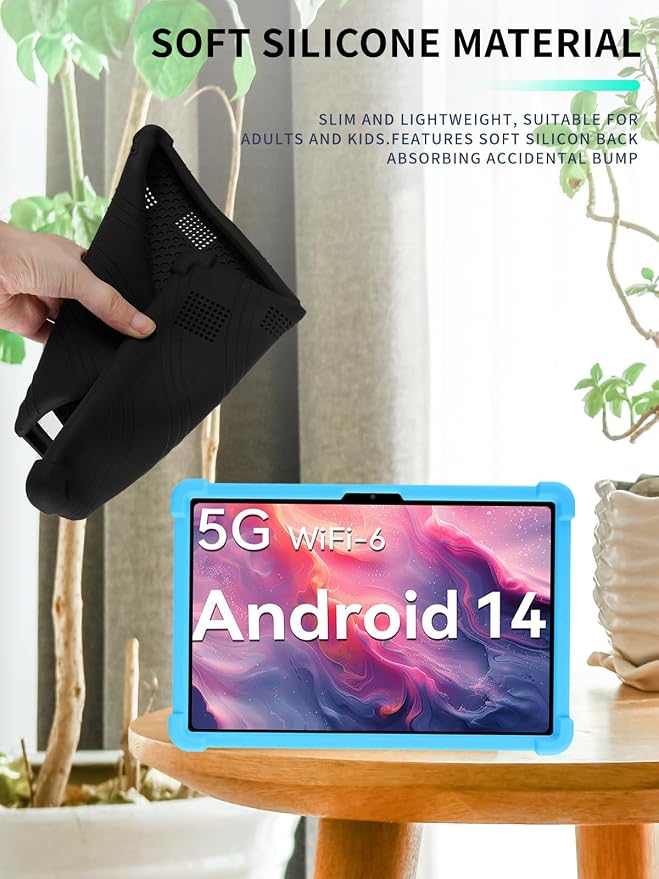 Case for DOMATON D105 Android 14 Tablet 2025 Tablets 10 inch，WUNIAK Shock Proof Lightweight Stand Rubber Shell Protective CoverKids Friendly Soft Silicone Adjustable Stand CoverBlack