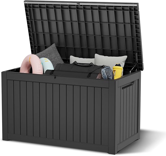 NUNU LAB 230 Gallon Large Resin Deck Box, Waterproof Outdoor Storage Box, Lockable Storage Bin for Patio Furniture, Garden Tools, Pool Accessories, UV-Resistant & All-Weather, Black