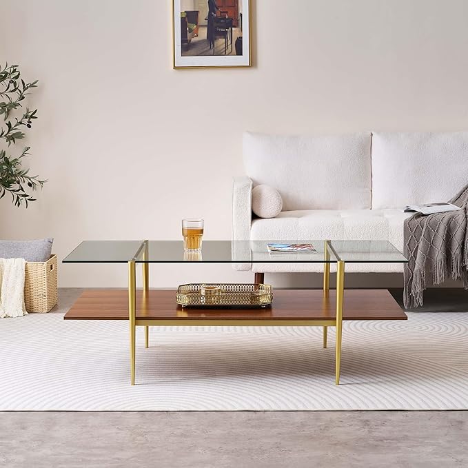 Extra Large Rectangle Glass Coffee Table, Mid-Century Modern Design, for Living Room, L47 x W24 x H17 Inch, Clear Glass Top and Walnut MDF Shelf, Sleek Conical Metal Legs with Gold Finish