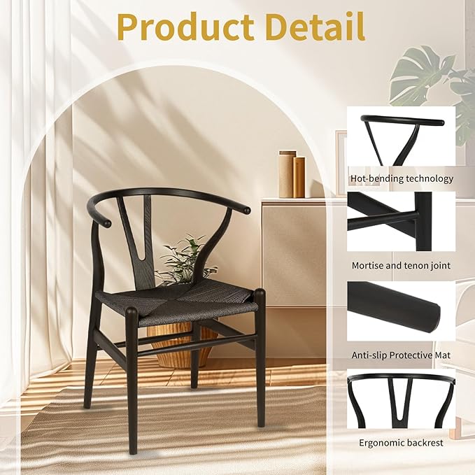 Wishbone Chair Natural Solid Wood Dining Chair/Hans Vegner Y Chair Rattan and Wood Accent Armrest Chairs Set of 2 (Ash Wood - Black)