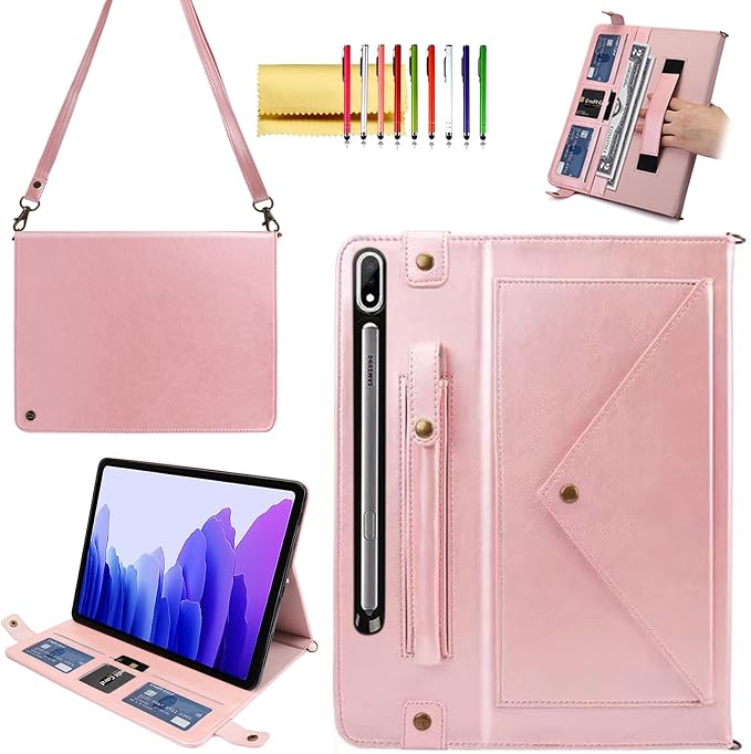 Handbag Case for Samsung Galaxy Tab S10 FE/S9 FE 10.9/S9/S8/S7 11 Techcircle Folio Stand Crossbody Wallet Protective Cover with S Pen Holder &amp Card Slots Hand Strap &amp Shoulder Strap Black